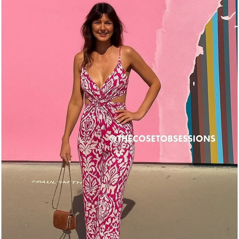 Zara NWT Pink White Cutout Wide Leg Jumpsuit M